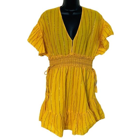 Saylor Yellow Adrianne Ruffle Sleeve Smocked Waist Mini Dress Sz M - Picture 6 of 16